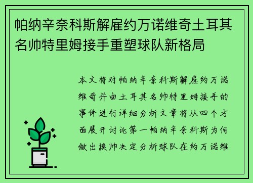 帕纳辛奈科斯解雇约万诺维奇土耳其名帅特里姆接手重塑球队新格局 帕纳辛奈科斯解雇约万诺维奇土耳其名帅特里姆接手重塑球队新格局